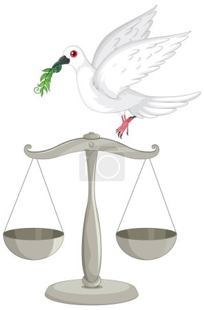 Illustration for White dove carrying olive branch on justice scales - Royalty Free Image