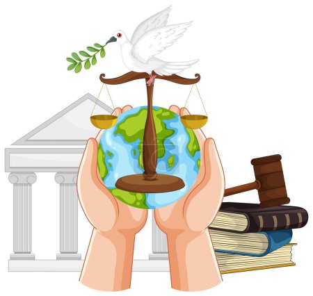 Hands holding Earth with scales, dove, and legal symbols