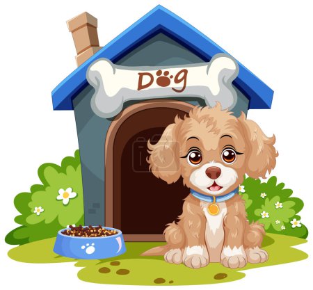 Cute puppy sitting by its house and food bowl