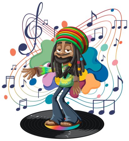 Colorful illustration of a reggae artist with music notes