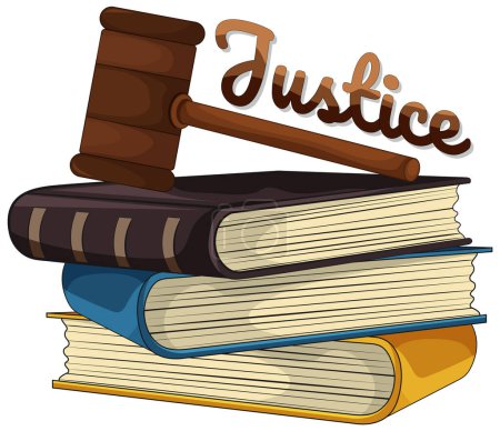 Illustration for Stack of books with a gavel on top, labeled Justice - Royalty Free Image