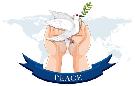 Illustration for Illustration of hands holding a dove over a world map - Royalty Free Image