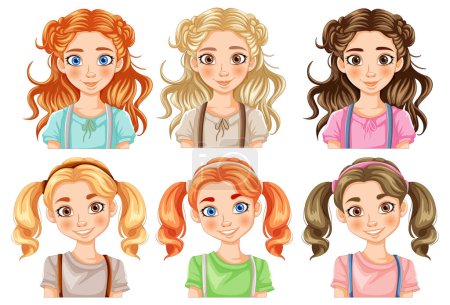 Téléchargez les illustrations : Six filles de dessin animé avec diverses coiffures et expressions - en licence libre de droit