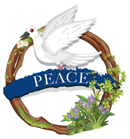 Illustration for White dove with olive branch on floral wreath - Royalty Free Image