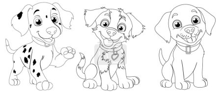 Three cartoon puppies in black and white outline