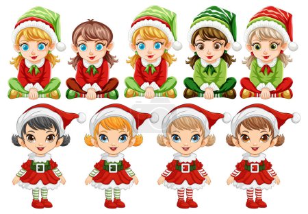 Illustration for Colorful vector illustrations of eight Christmas elves - Royalty Free Image