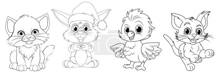 Téléchargez les illustrations : Quatre animaux de dessin animé, dont un lapin festif - en licence libre de droit