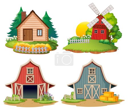 Vektorillustrationen von Bauernhäusern und Scheunen in ländlicher Umgebung