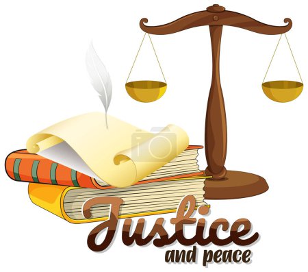 Illustration for Scales of justice atop books with a feather quill - Royalty Free Image