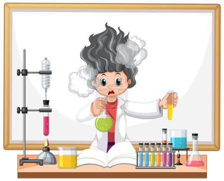 Cartoon child scientist experimenting in a lab setup