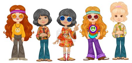 Téléchargez les illustrations : Cinq enfants vêtus de tenues vibrantes des années 70 - en licence libre de droit