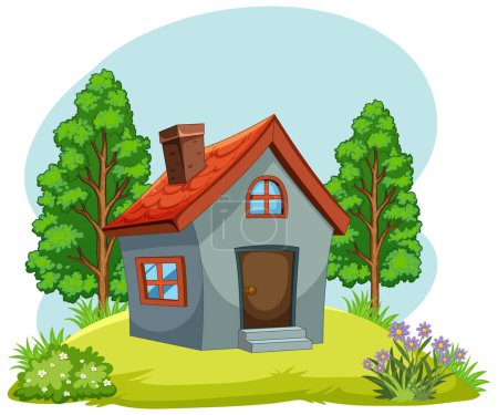 Vector illustration of a small house surrounded by nature