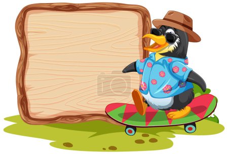 Téléchargez les illustrations : Dessin animé canard sur planche à roulettes à côté de signe vierge - en licence libre de droit