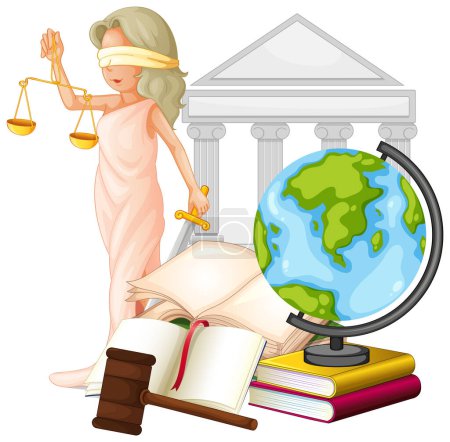 Illustration for Lady Justice with globe, scales, and legal books - Royalty Free Image