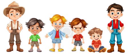 Ilustración de Seis niños de dibujos animados con variadas expresiones y trajes - Imagen libre de derechos