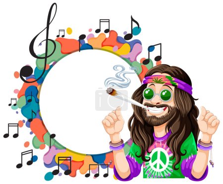 Personaje hippie con signo de paz y notas musicales coloridas