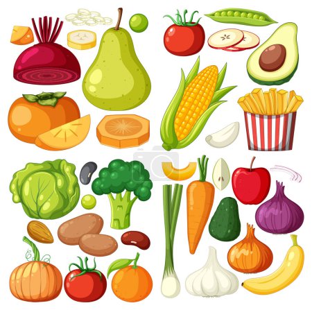 Vector illustration of various fresh fruits and vegetables