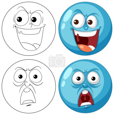 Téléchargez les illustrations : Quatre visages de dessins animés montrant différentes émotions - en licence libre de droit
