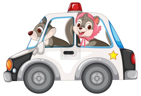 Téléchargez les illustrations : Deux écureuils de dessin animé dans un véhicule de police - en licence libre de droit