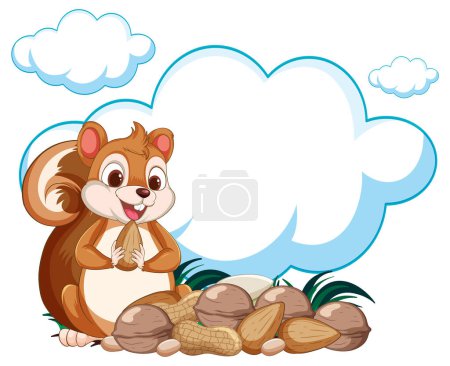 Illustration for Cartoon squirrel sitting with nuts, happy expression - Royalty Free Image