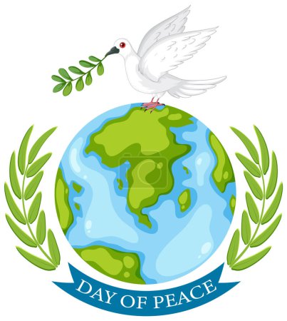 Dove carrying olive branch over Earth with laurels