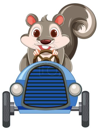 Cartoon squirrel driving a vintage blue car