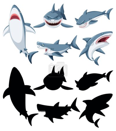 Téléchargez les illustrations : Collection de différents requins dessin animé de style - en licence libre de droit