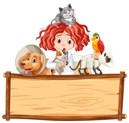 Téléchargez les illustrations : Fille avec divers animaux de compagnie sur un panneau en bois - en licence libre de droit