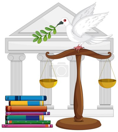 Colombe, échelles de justice, livres et colonnes grecques