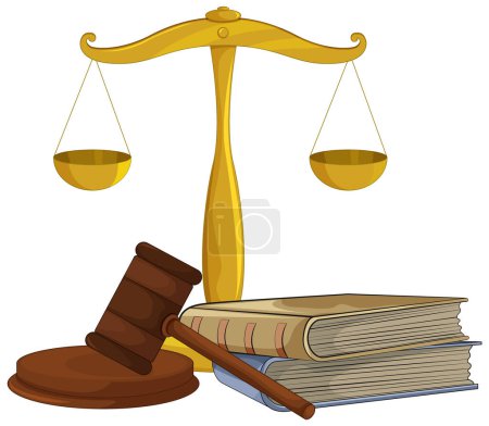 Illustration of legal scales, gavel, and books