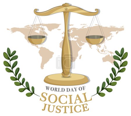 Gerechtigkeitsskala über Weltkarte mit Lorbeeren