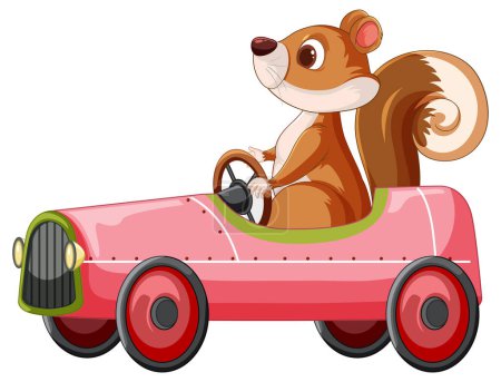 Ardilla de dibujos animados en un coche de juguete rosa