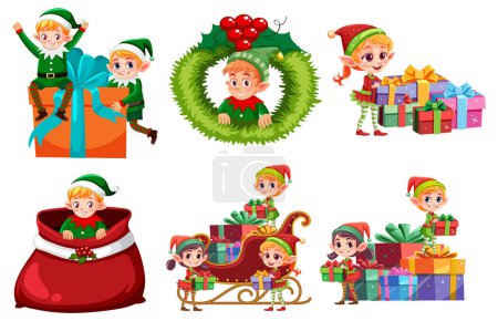 Ilustración de Ilustraciones coloridas de elfos con regalos y decoraciones de Navidad - Imagen libre de derechos