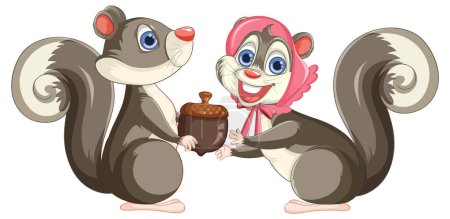 Illustration for Two cartoon squirrels exchanging a large nut - Royalty Free Image
