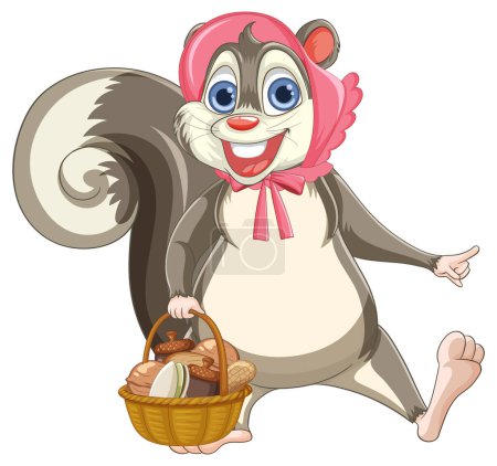 Téléchargez les illustrations : Écureuil dessin animé tenant un panier, souriant joyeusement - en licence libre de droit