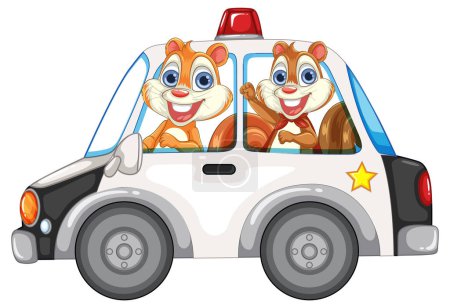 Two cheerful squirrels in a cartoon police car