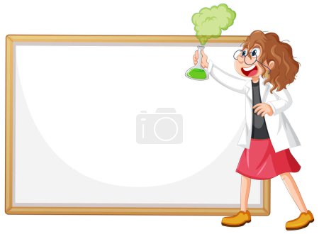 Cartoon scientist with beaker near blank board.