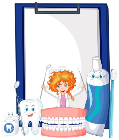 Dentista de dibujos animados con herramientas y productos dentales sonrientes