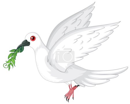 Téléchargez les illustrations : Colombe blanche en vol avec une branche d'olivier verte - en licence libre de droit