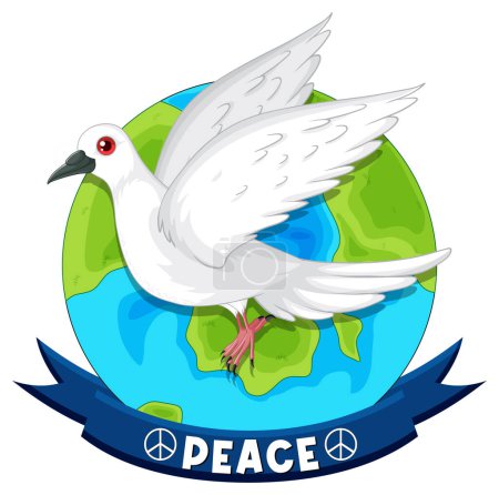 Weiße Taube fliegt mit Friedensfahne über den Globus