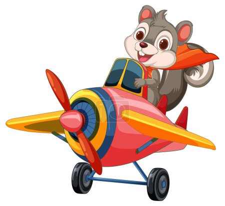 Ilustración de Alegre ardilla pilotando un vibrante avión de dibujos animados - Imagen libre de derechos