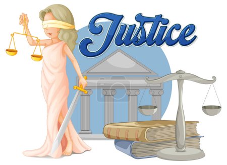 Illustration von Lady Justice, Waagen und juristischen Büchern
