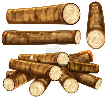 Cartoon wooden logs arranged in a pile and separately.