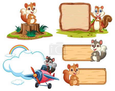 Téléchargez les illustrations : Illustration vectorielle colorée d'écureuils et de signes - en licence libre de droit
