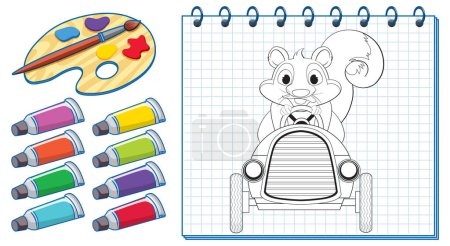 Illustration for Squirrel in car on sketchpad with crayons and paint - Royalty Free Image