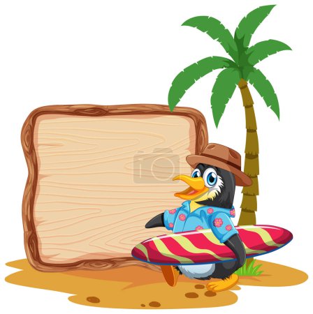Dessin animé canard en tenue de plage par panneau en bois.