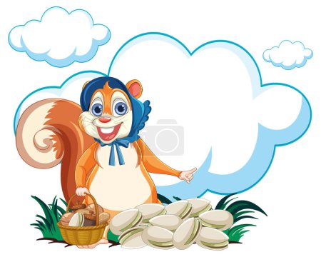 Cartoon squirrel presenting acorns, clouds in background
