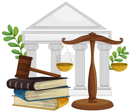 Vector illustration of legal books, scales, and courthouse