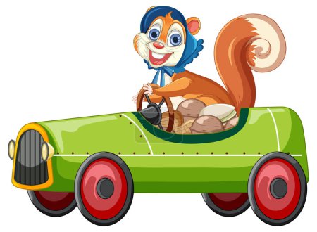 Cheerful squirrel in a green toy car illustration