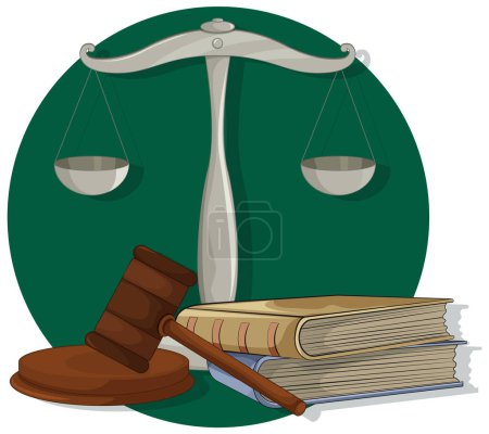 Illustration of scales, gavel, and legal books